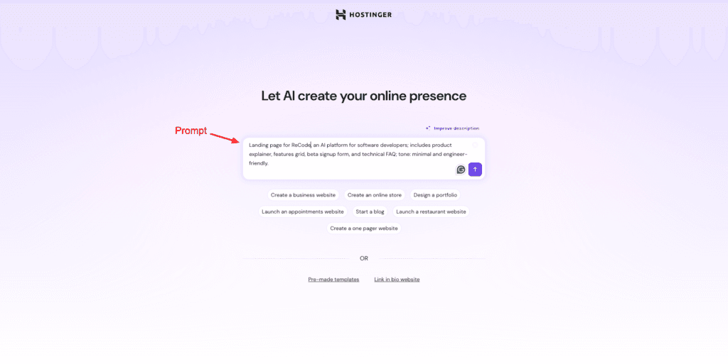 Hostinger AI website builder - prompt