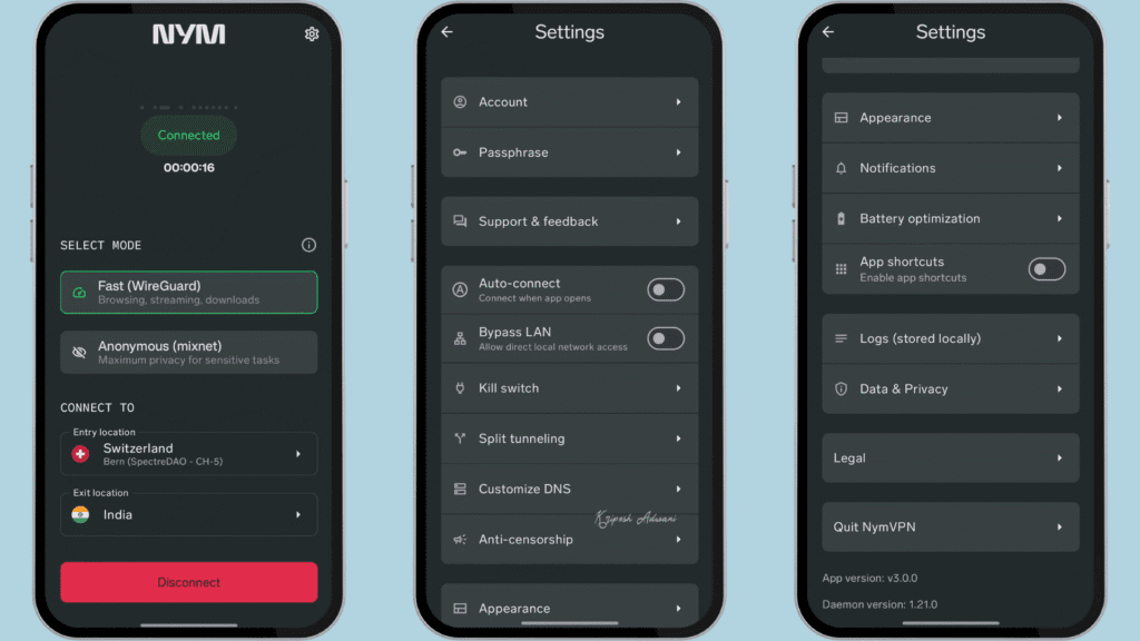 NymVPN Android user interface