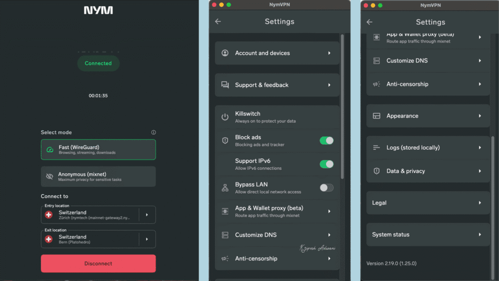 NymVPN macOS user interface

