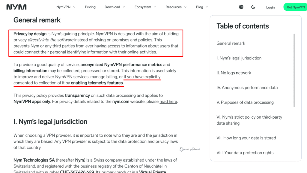 NymVPN privacy statement

