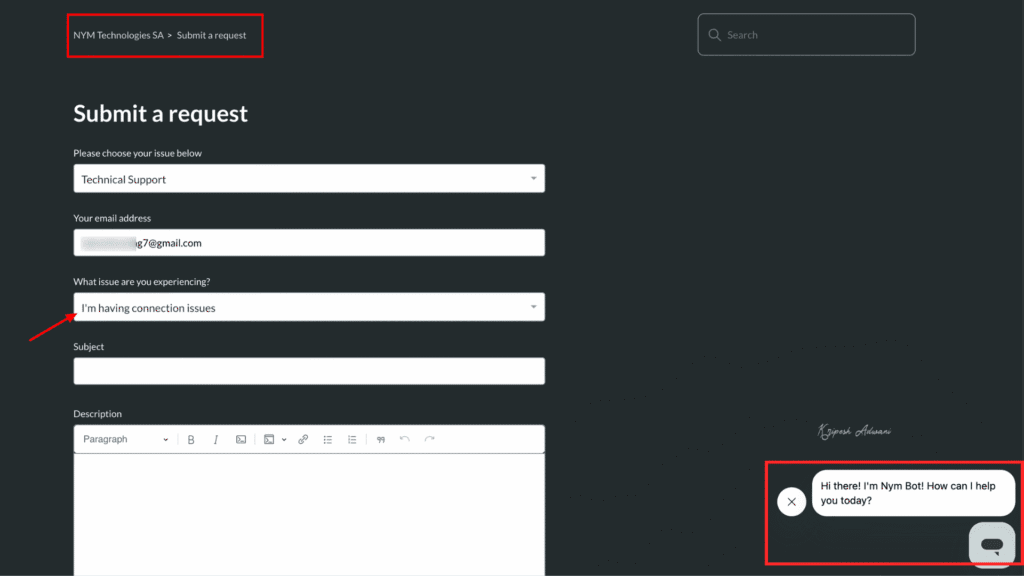 NymVPN submit form
