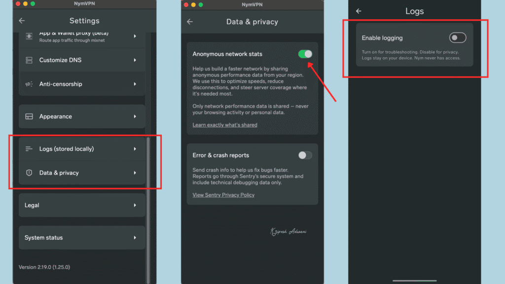 NymVPN's data logging settings
