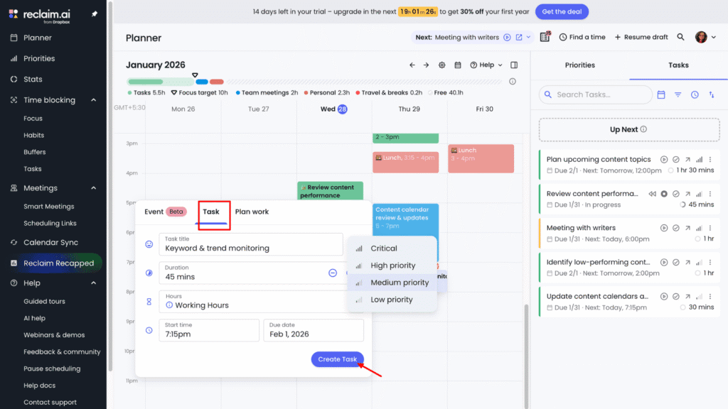 Reclaim AI Add tasks