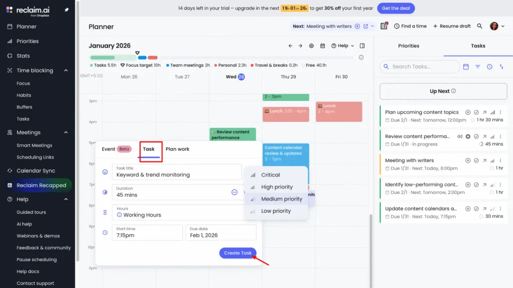 Reclaim AI Add tasks