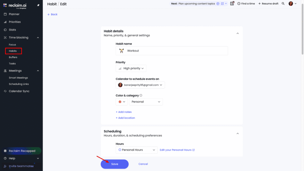 Reclaim AI Habit tracker