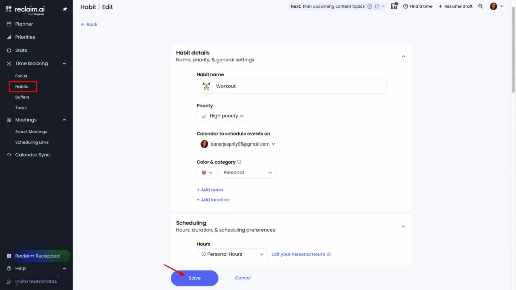 Reclaim AI Habit tracker