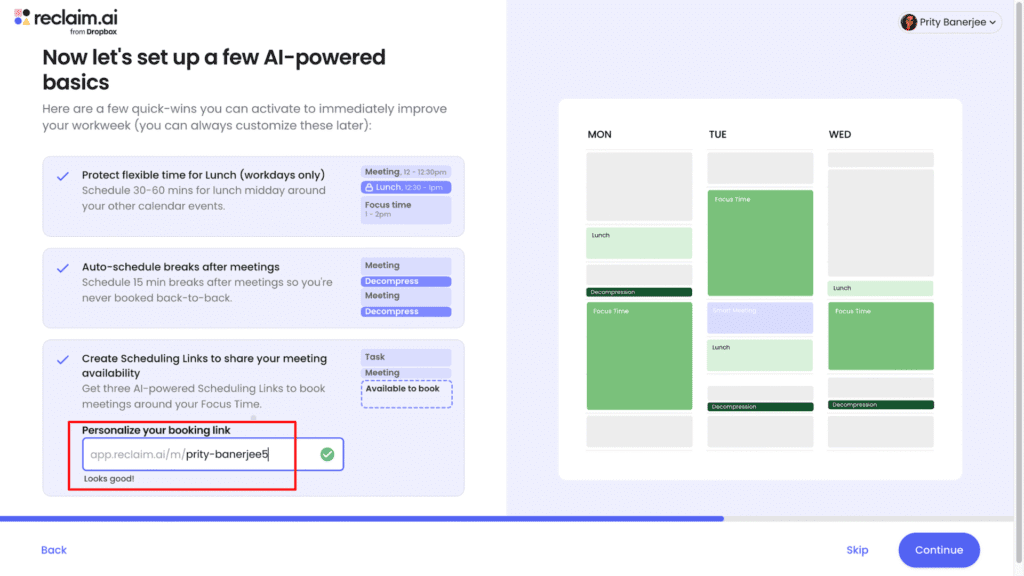 Reclaim AI- Personalize meeting booking link 