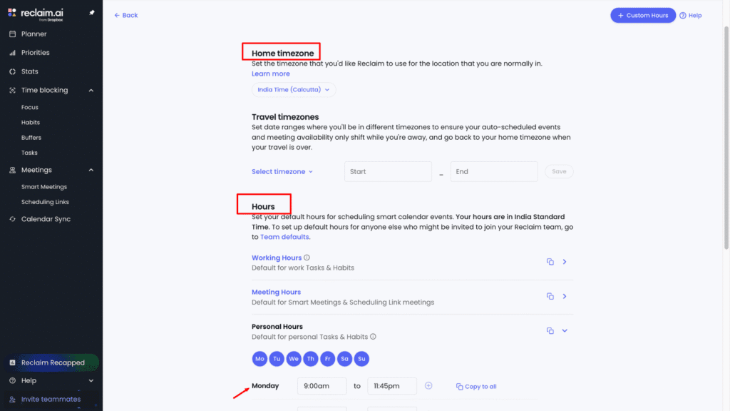 Reclaim AI- Set hours and timezone
