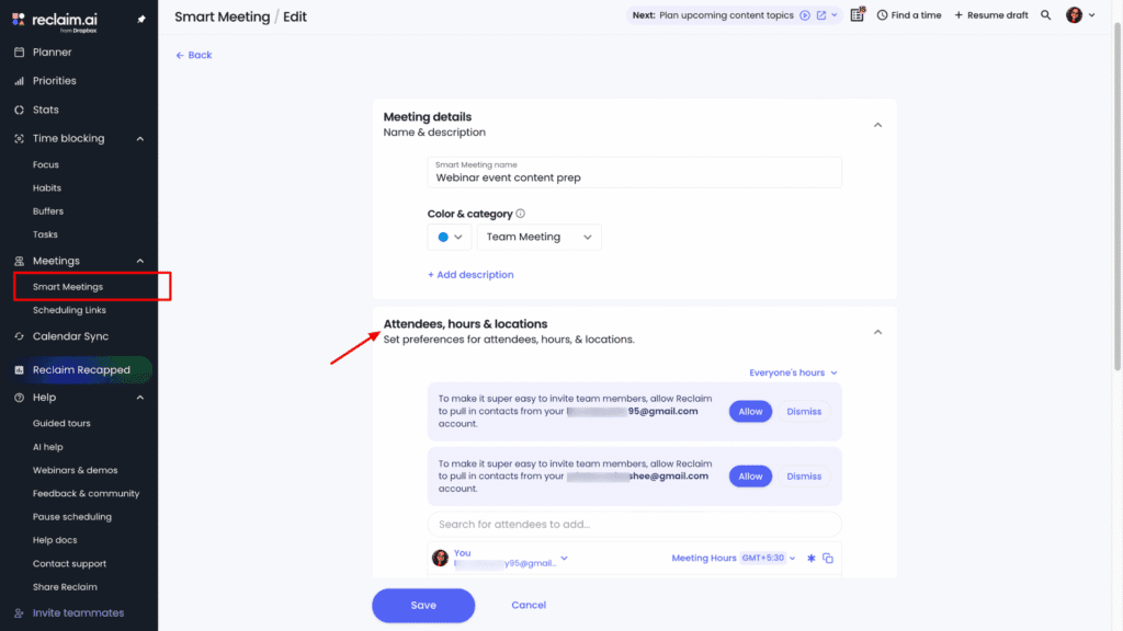 Reclaim AI Smart meeting
