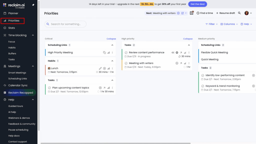 Reclaim AI Task priorities