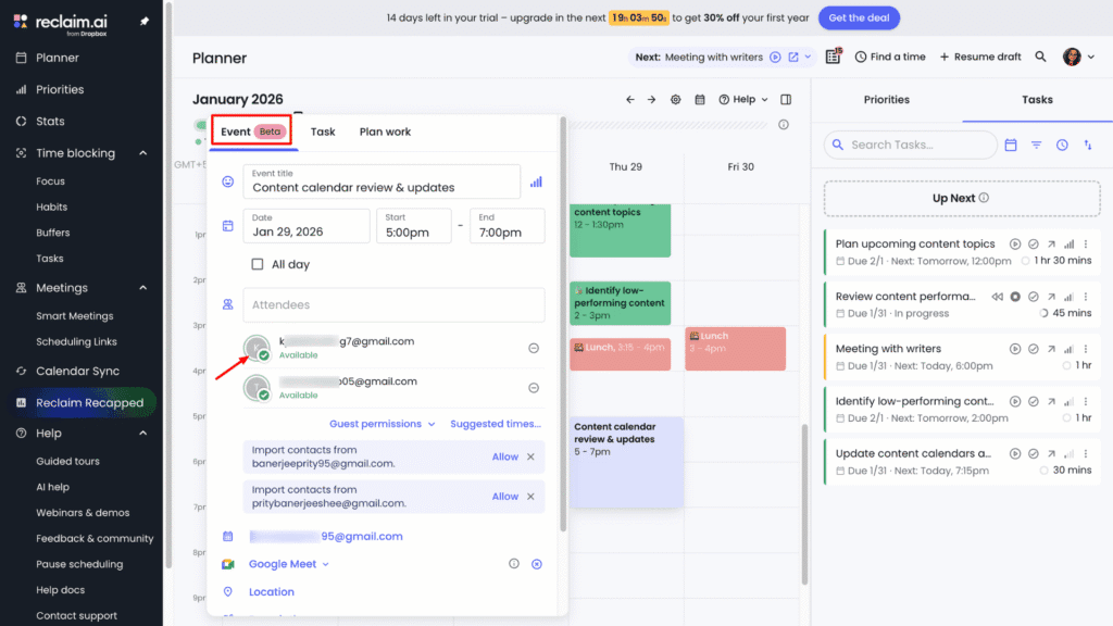 Reclaim AI-  add event
