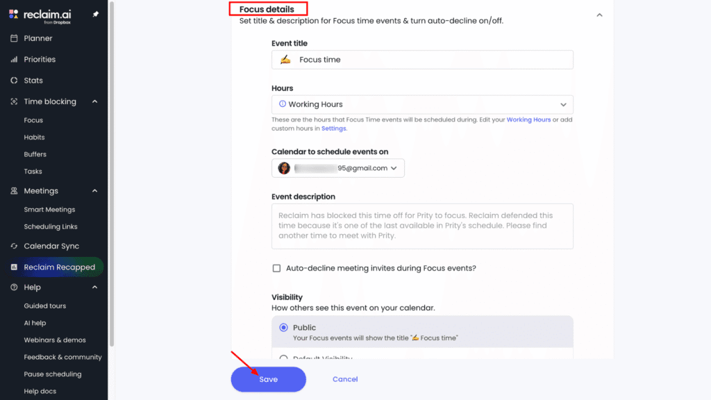 Reclaim AI focus time details