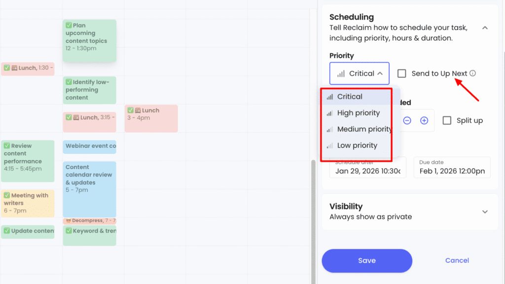 Reclaim AI set task priorities