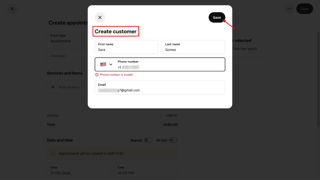 Square Appointments customer add
