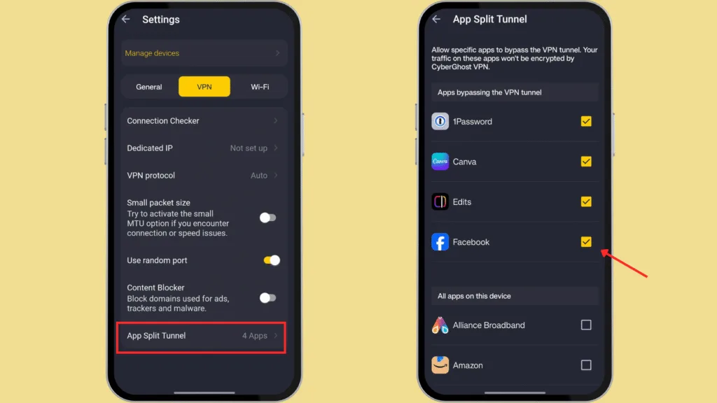 CyberGhost VPN Review 2026: Is It Worth Buying in India? 16 CyberGhost Split tunneling feature on Android