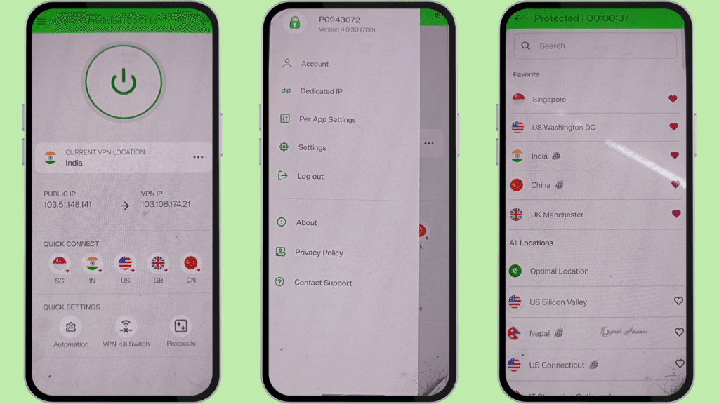 PIA Android user interface