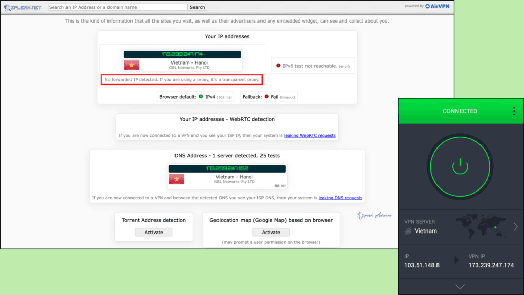 PIA VPN DNS leak test result
