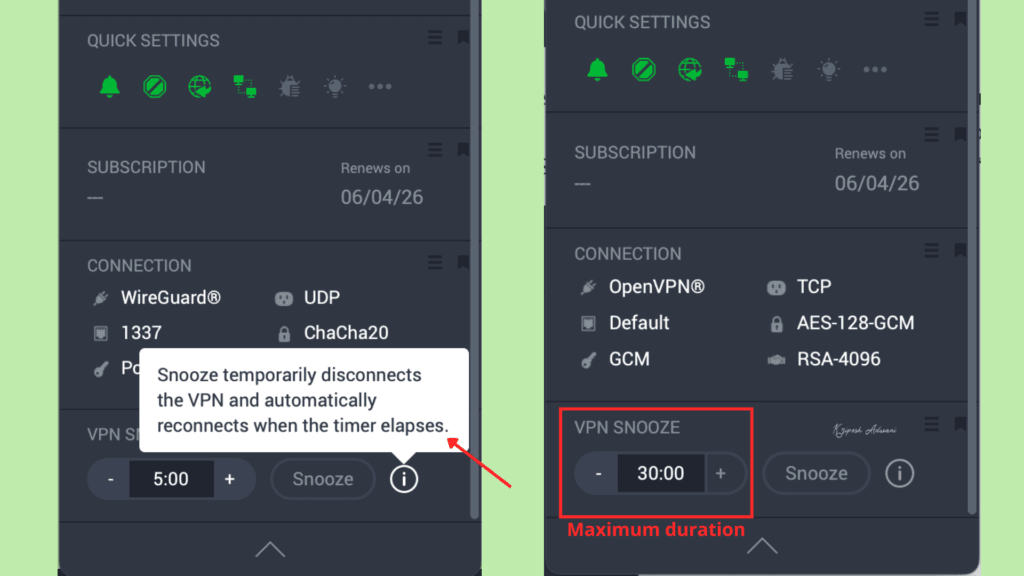 PIA VPN Snooze option