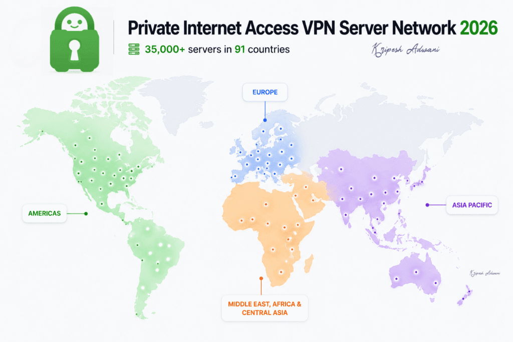 PIA VPN server locations map for 2026 highlighting 35000+ servers in 91 countries, color-coded by region with high, medium, and low presence indicators.
