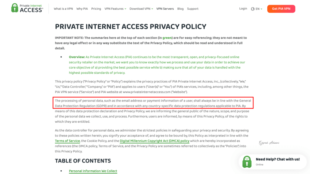 PIA privacy policy statement
