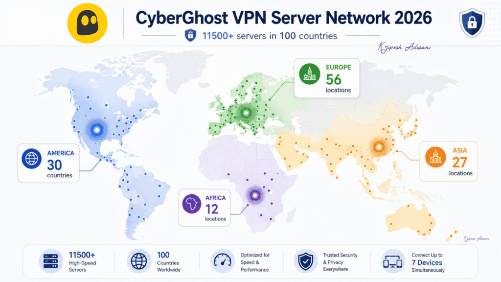 CyberGhost VPN Review 2026: Is It Worth Buying in India? 5 CyberGhost server locations map for 2026, highlighting 11500+ servers in 100 countries, color-coded by region with high, medium, and low presence indicators