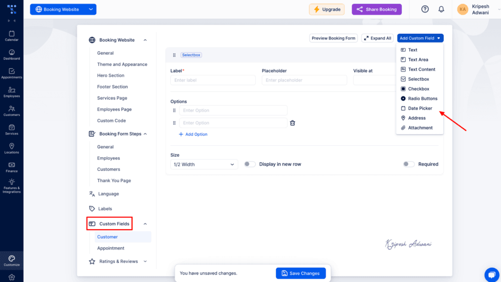 Custom field for booking form