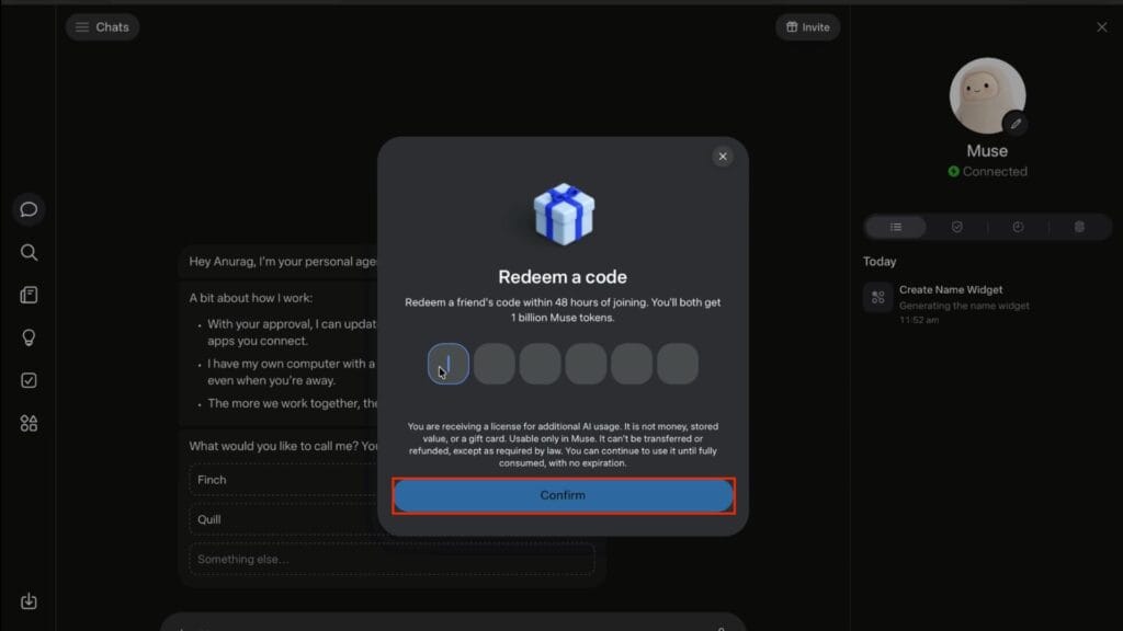 Meta Muse - Confirm Redeem Code
